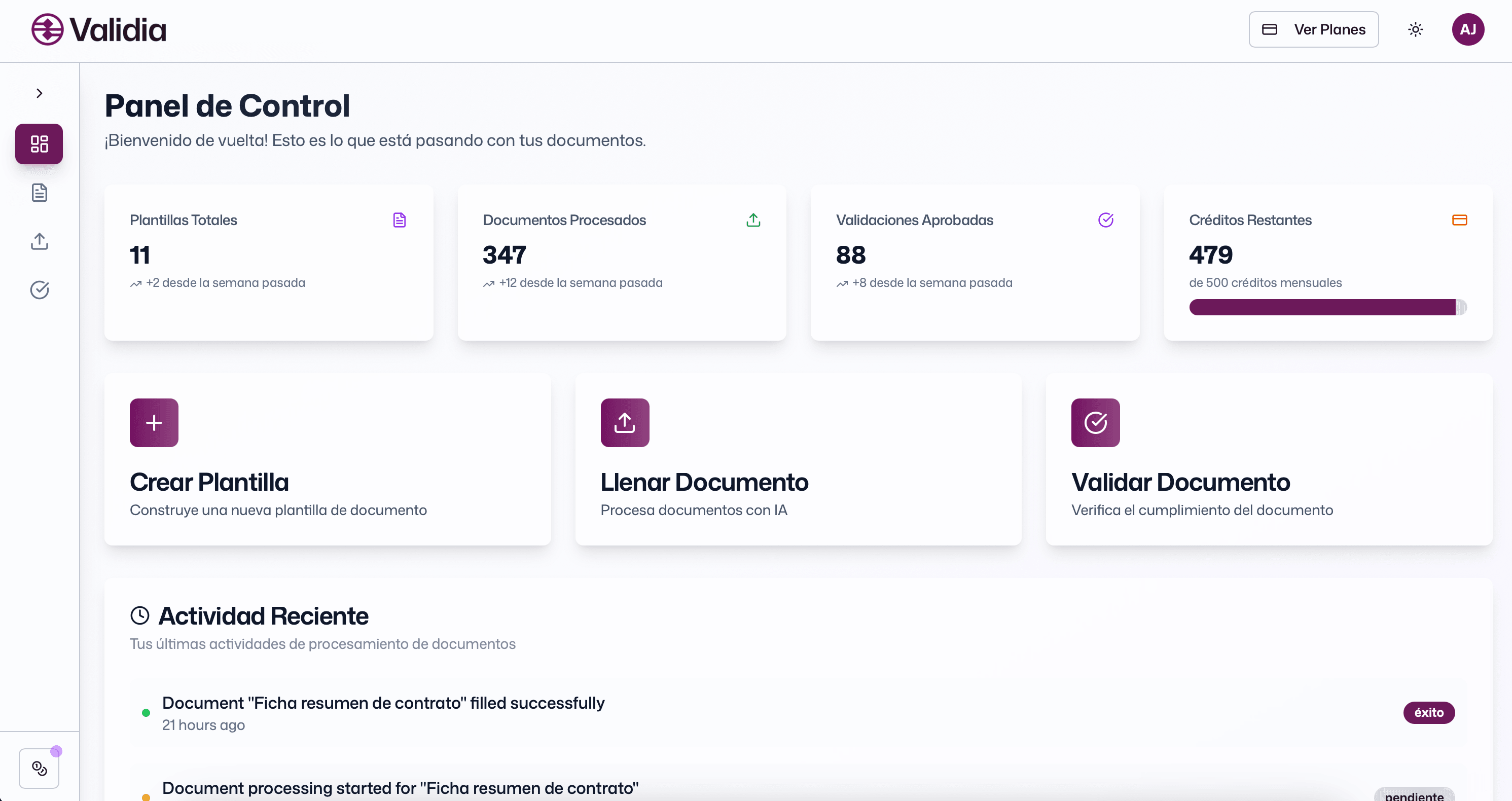 Dashboard de Validia mostrando procesamiento de documentos